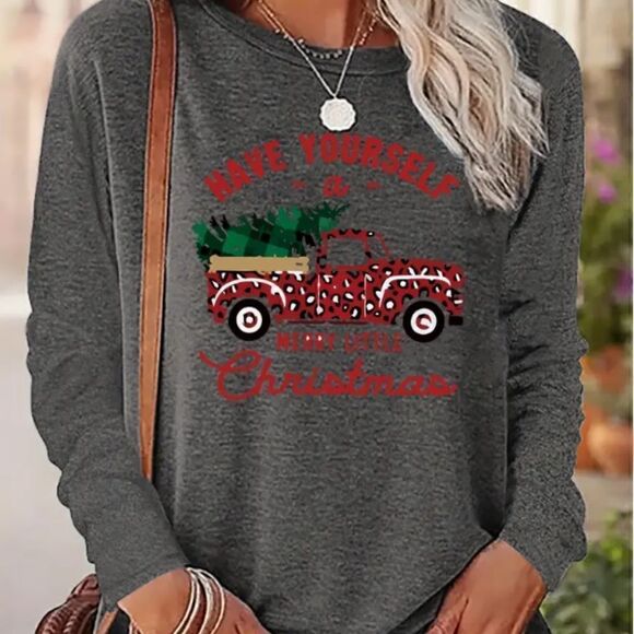 NEW! Christmas Red Truck Holiday Long Sleeve T Shirt Gray Leopard Print Women's - Picture 1 of 5